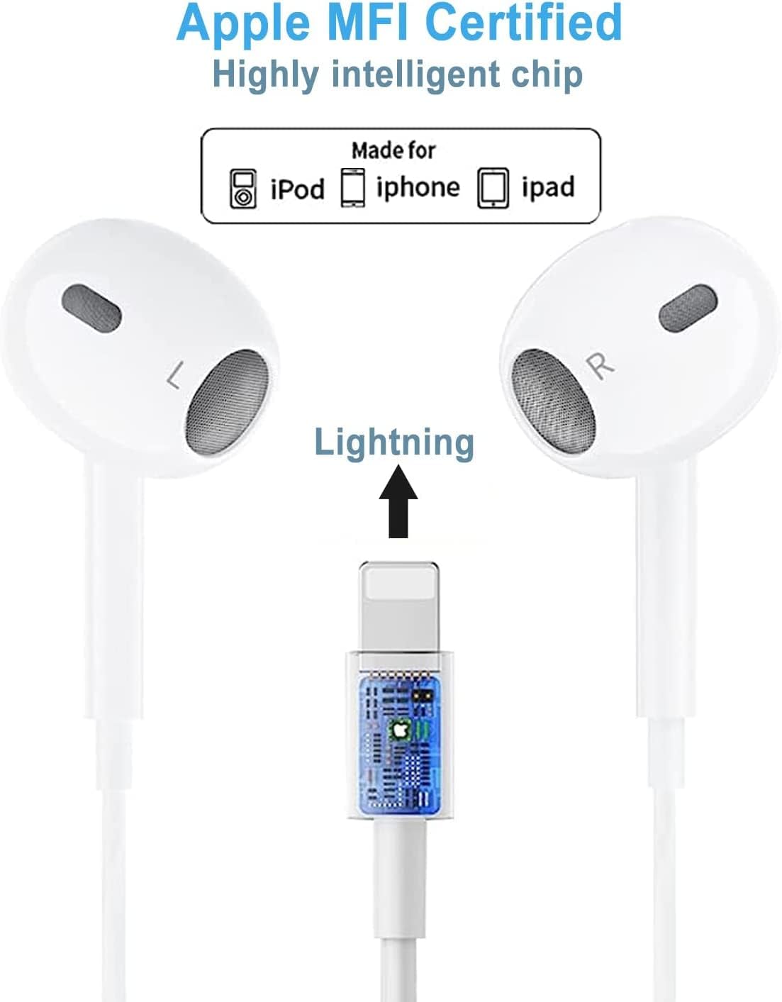 Apple Certified Lightning Earbuds with Built-In Microphone and Volume Control, Compatible with iPhone 14/13/12/11/SE/X/XR/XS/8/7, iOS Support